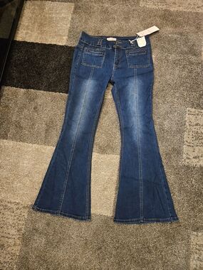 BAMBOO Dark Blue Flared Jeans with Front Patch Pockets